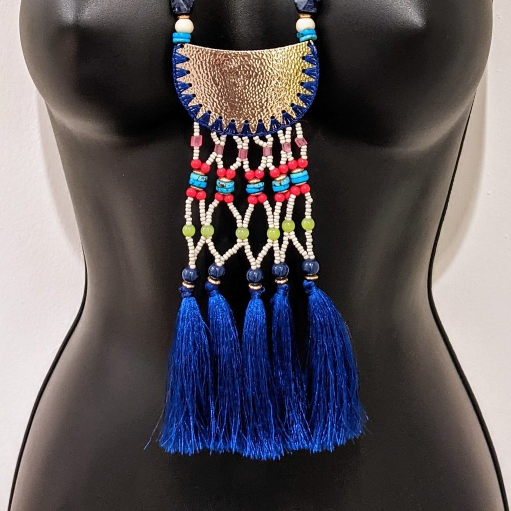 Chico's Tribal Boho Seed Bead Tassel Pendant Statement Necklace - Picture 2 of 4